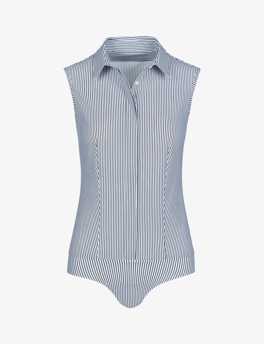 Classic Printed Sleeveless Button Down Bodysuit | Black/White Stripe - Image 2