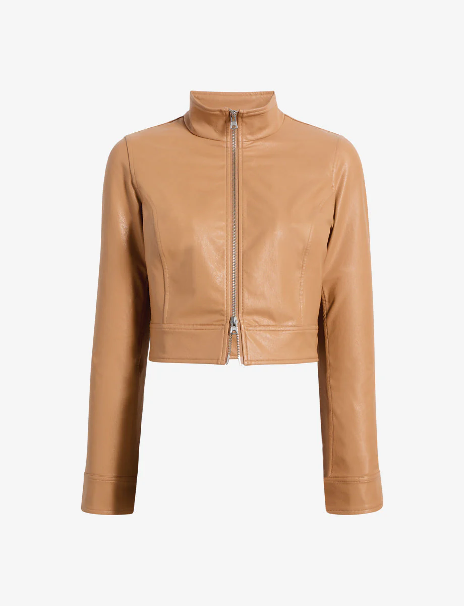 Faux Leather Cropped Biker Jacket | Camel