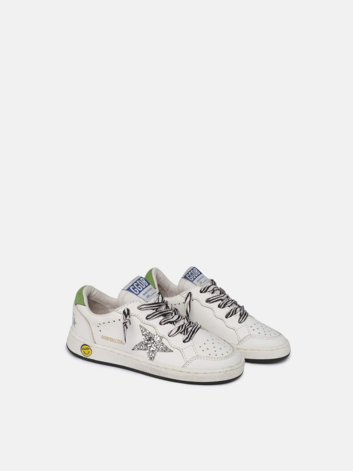 Kids | Ball Star Sneakers with Zebra-Print Laces & Star with Silver Glitter | White x Silver x Green - Image 4