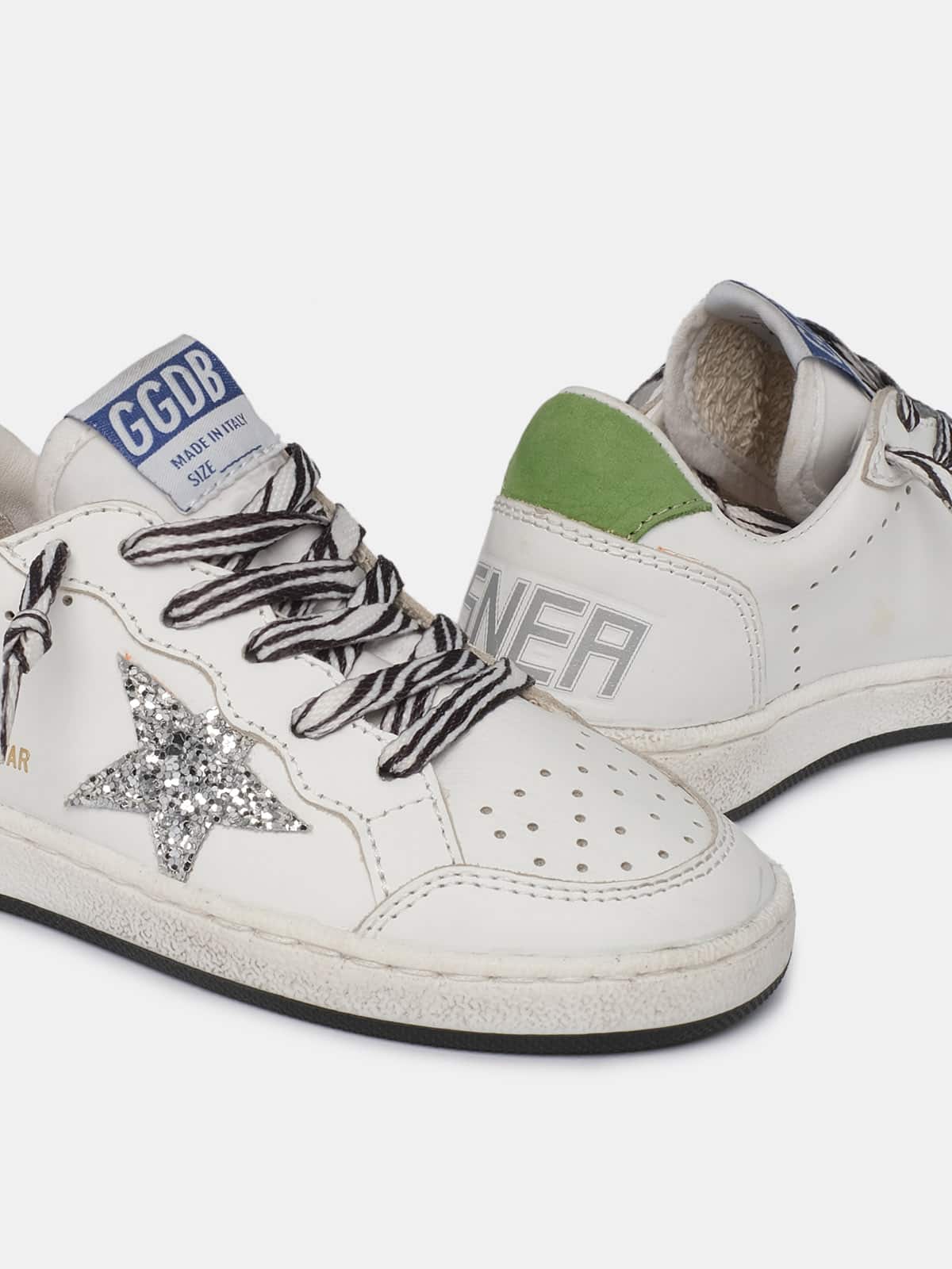 Kids | Ball Star Sneakers with Zebra-Print Laces & Star with Silver Glitter | White x Silver x Green - Image 5