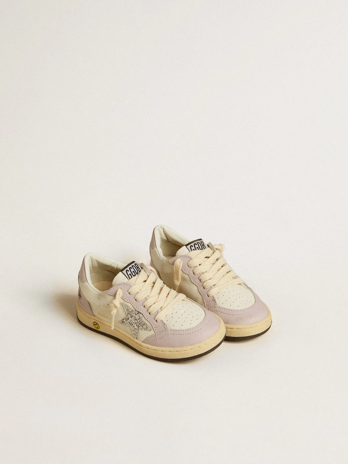 Kids | Ball Star Young White & Lilac Nappa with Leather Toe & Heel & Silver Glitter Star | White x Lilac x Silver