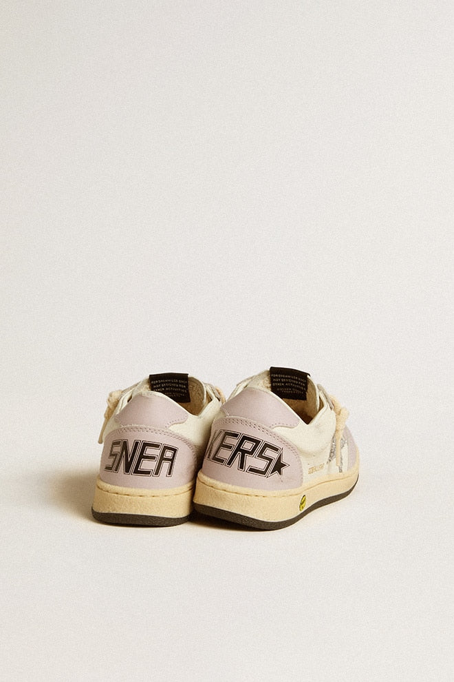 Kids | Ball Star Young White & Lilac Nappa with Leather Toe & Heel & Silver Glitter Star | White x Lilac x Silver - Image 2