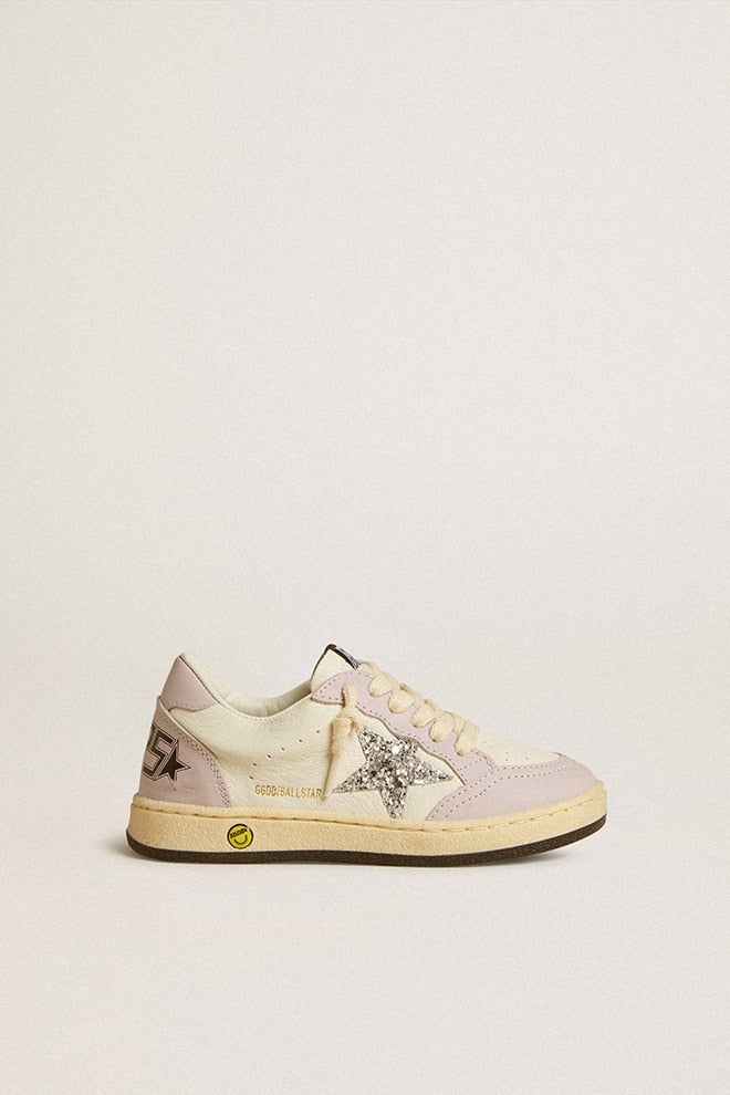 Kids | Ball Star Young White & Lilac Nappa with Leather Toe & Heel & Silver Glitter Star | White x Lilac x Silver - Image 3