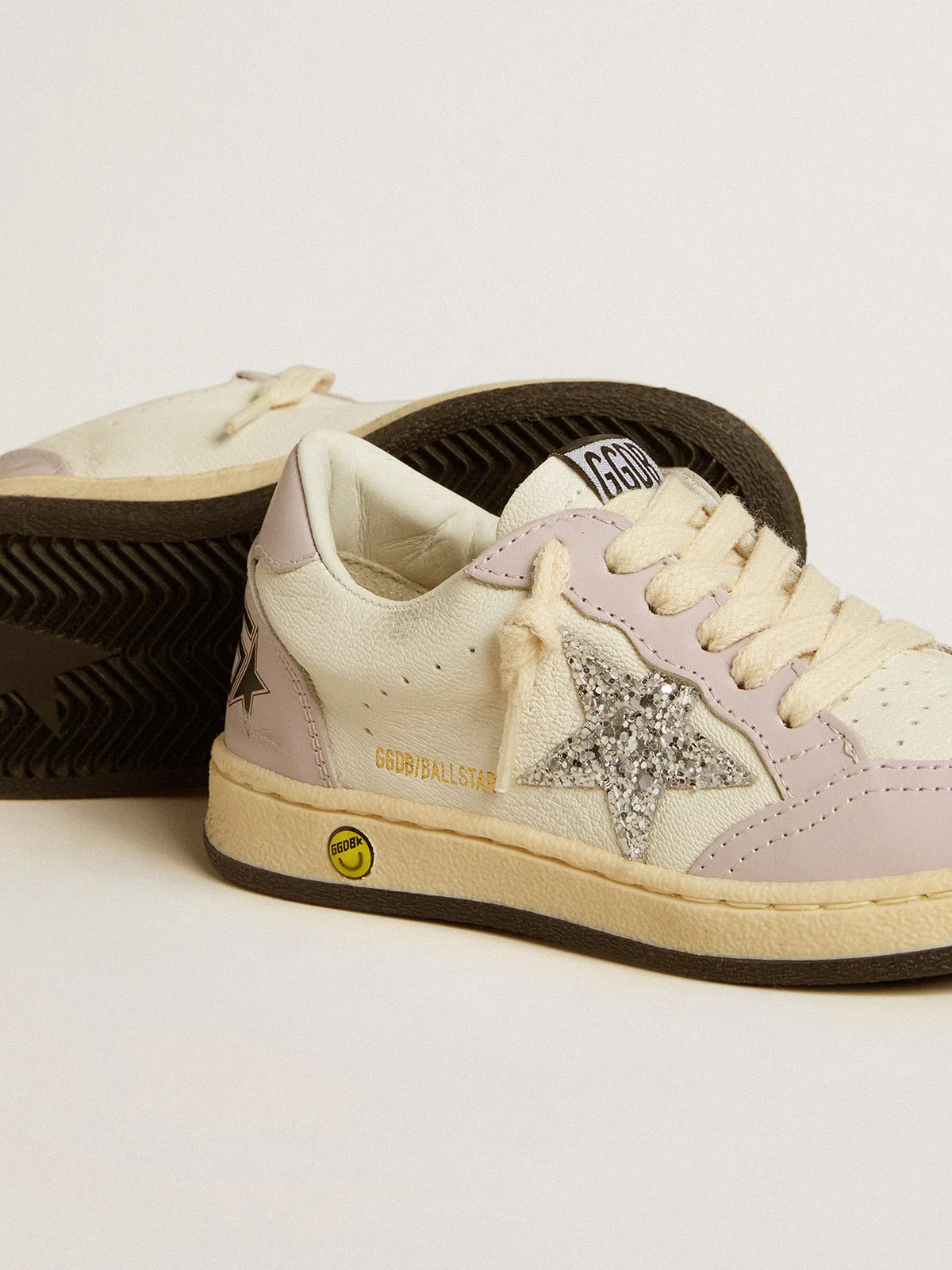 Kids | Ball Star Young White & Lilac Nappa with Leather Toe & Heel & Silver Glitter Star | White x Lilac x Silver - Image 5