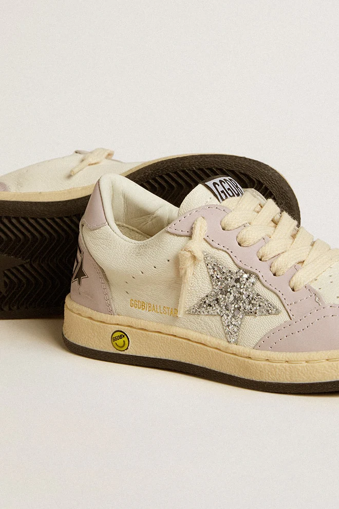 Kids | Ball Star Young White & Lilac Nappa with Leather Toe & Heel & Silver Glitter Star | White x Lilac x Silver - Image 8