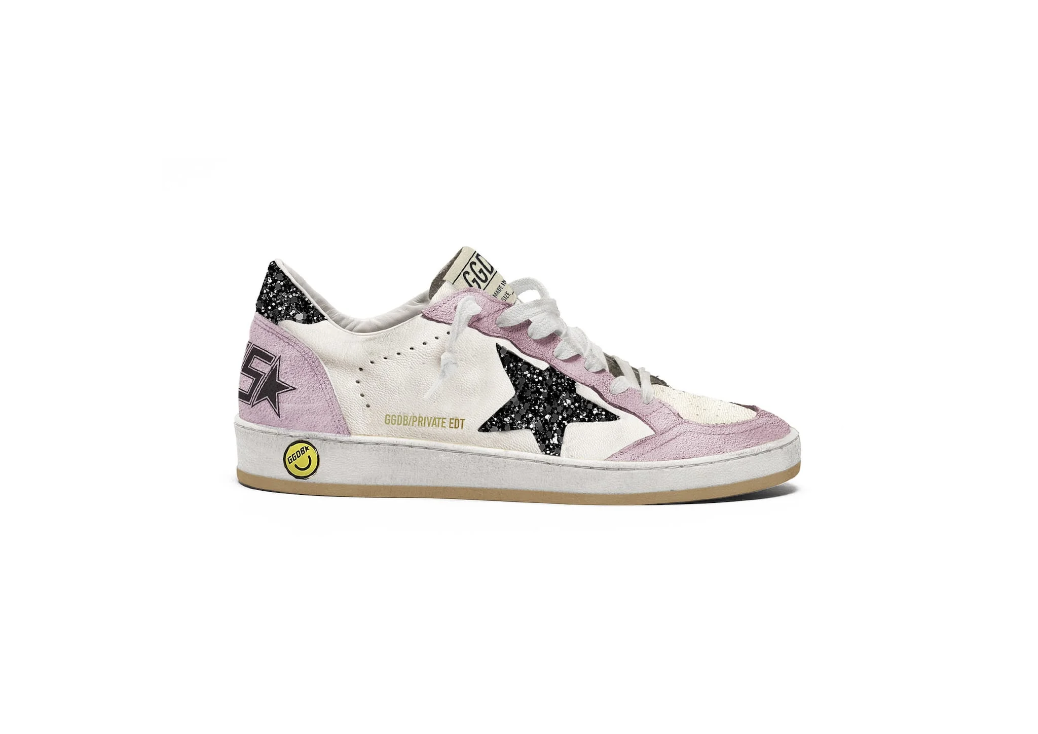 Kids | Ball-Star Young White Nappa & Pink Suede with Glitter Star & Heel Tab | White x Pink x Black