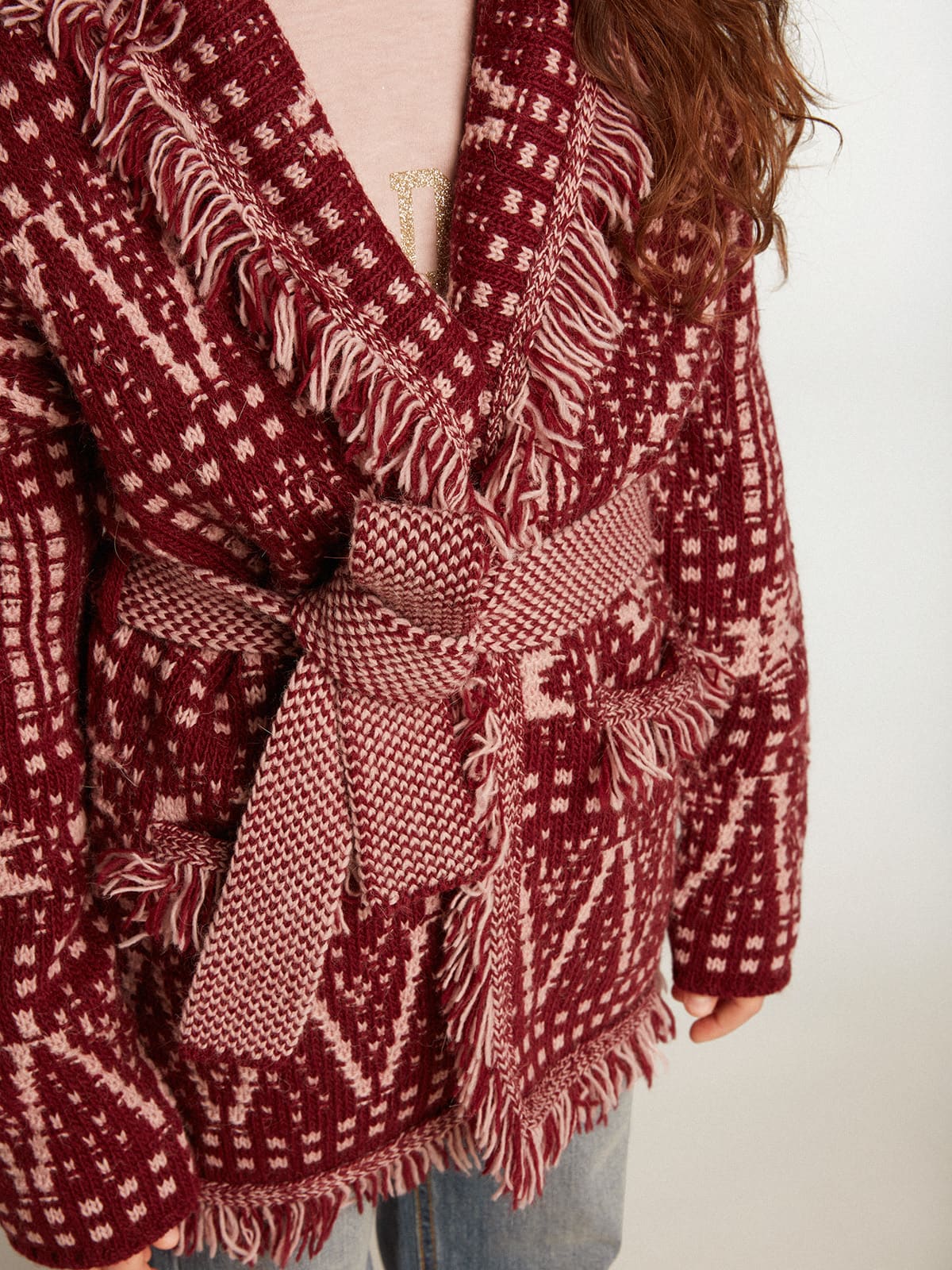 Kids | Belted Cardigan with Burgundy Fair Isle Motif | Windsor Wine x Shadow Grey