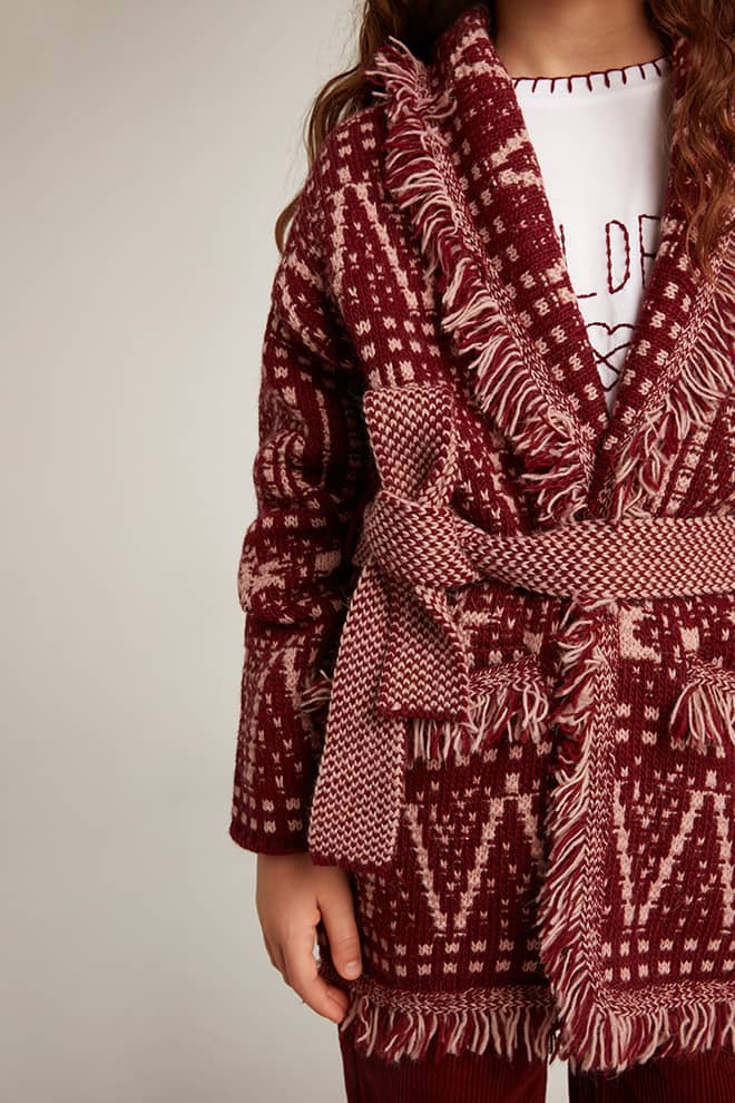 Kids | Belted Cardigan with Burgundy Fair Isle Motif | Windsor Wine x Shadow Grey - Image 11