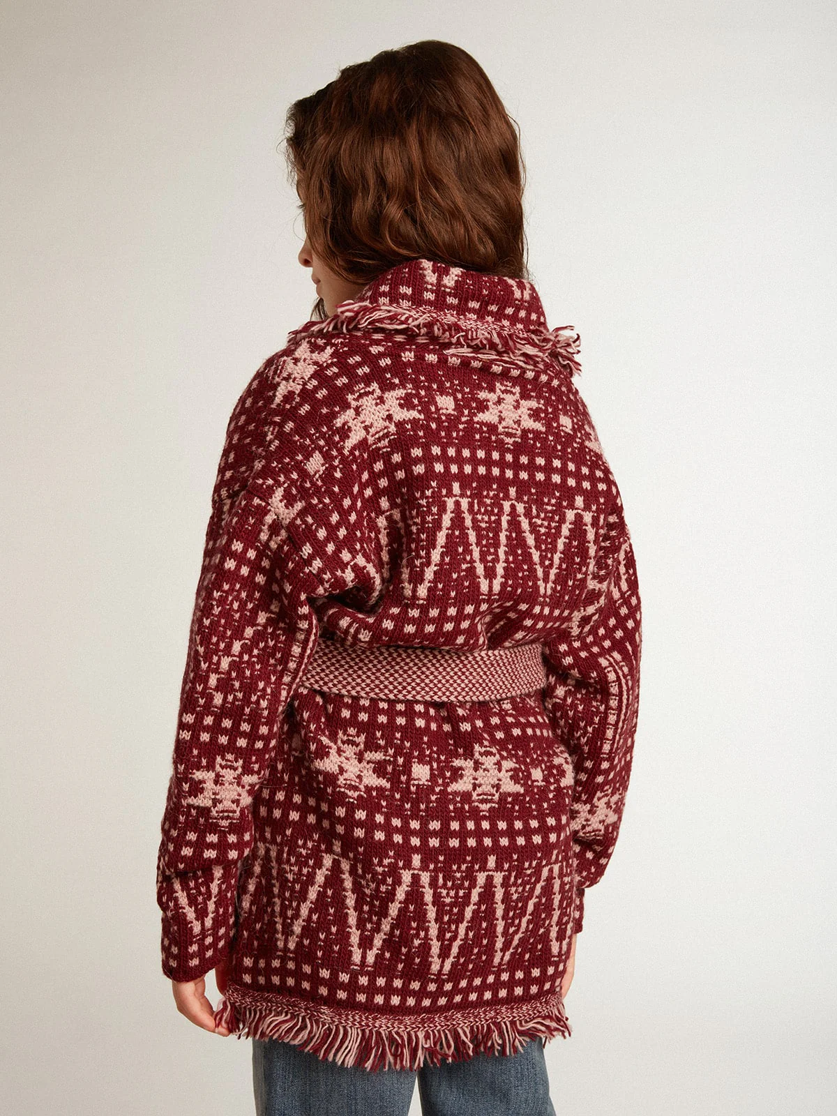 Kids | Belted Cardigan with Burgundy Fair Isle Motif | Windsor Wine x Shadow Grey - Image 2