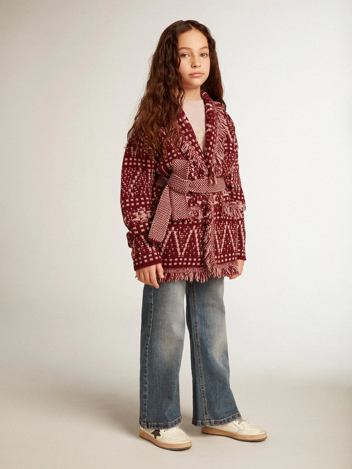 Kids | Belted Cardigan with Burgundy Fair Isle Motif | Windsor Wine x Shadow Grey - Image 4