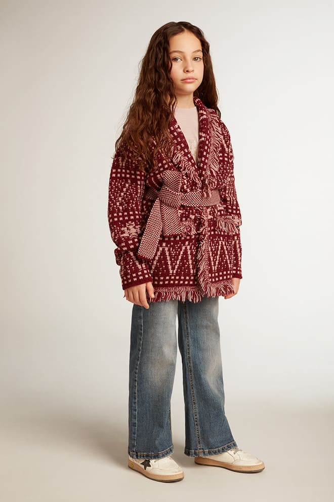 Kids | Belted Cardigan with Burgundy Fair Isle Motif | Windsor Wine x Shadow Grey - Image 6
