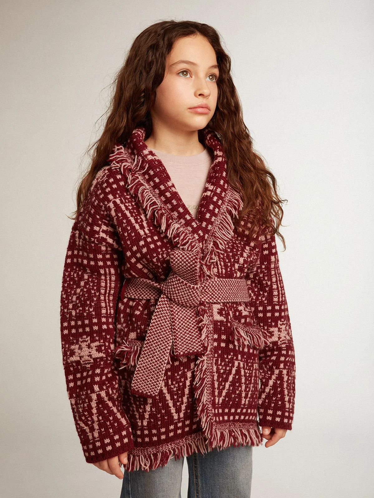 Kids | Belted Cardigan with Burgundy Fair Isle Motif | Windsor Wine x Shadow Grey - Image 7