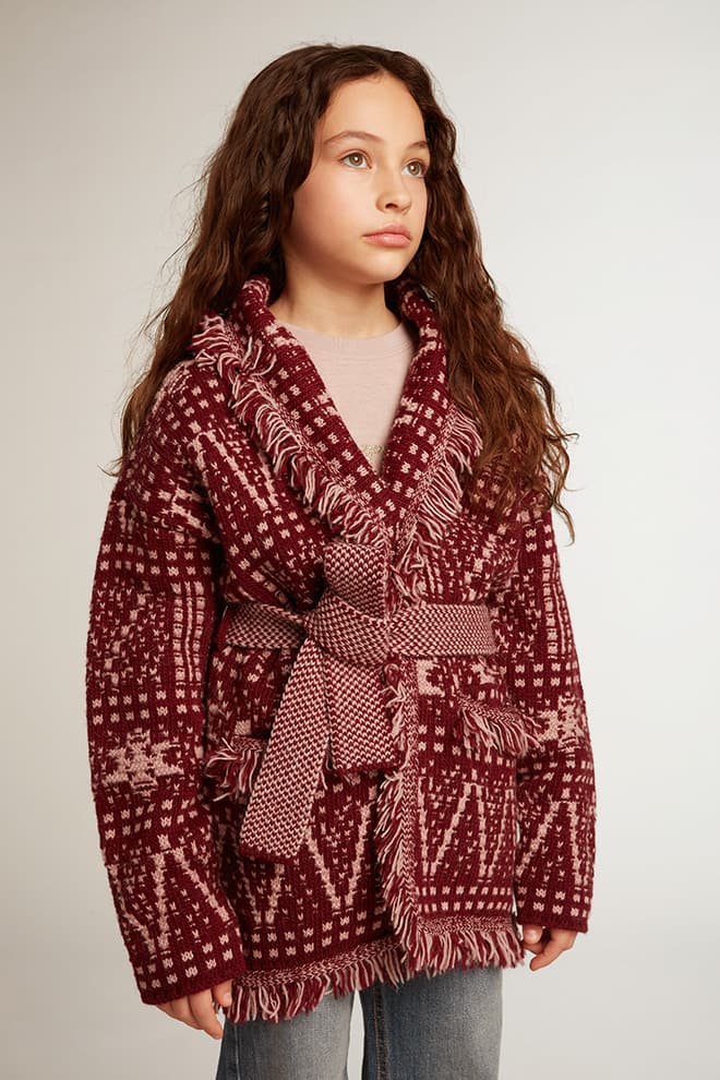 Kids | Belted Cardigan with Burgundy Fair Isle Motif | Windsor Wine x Shadow Grey - Image 9