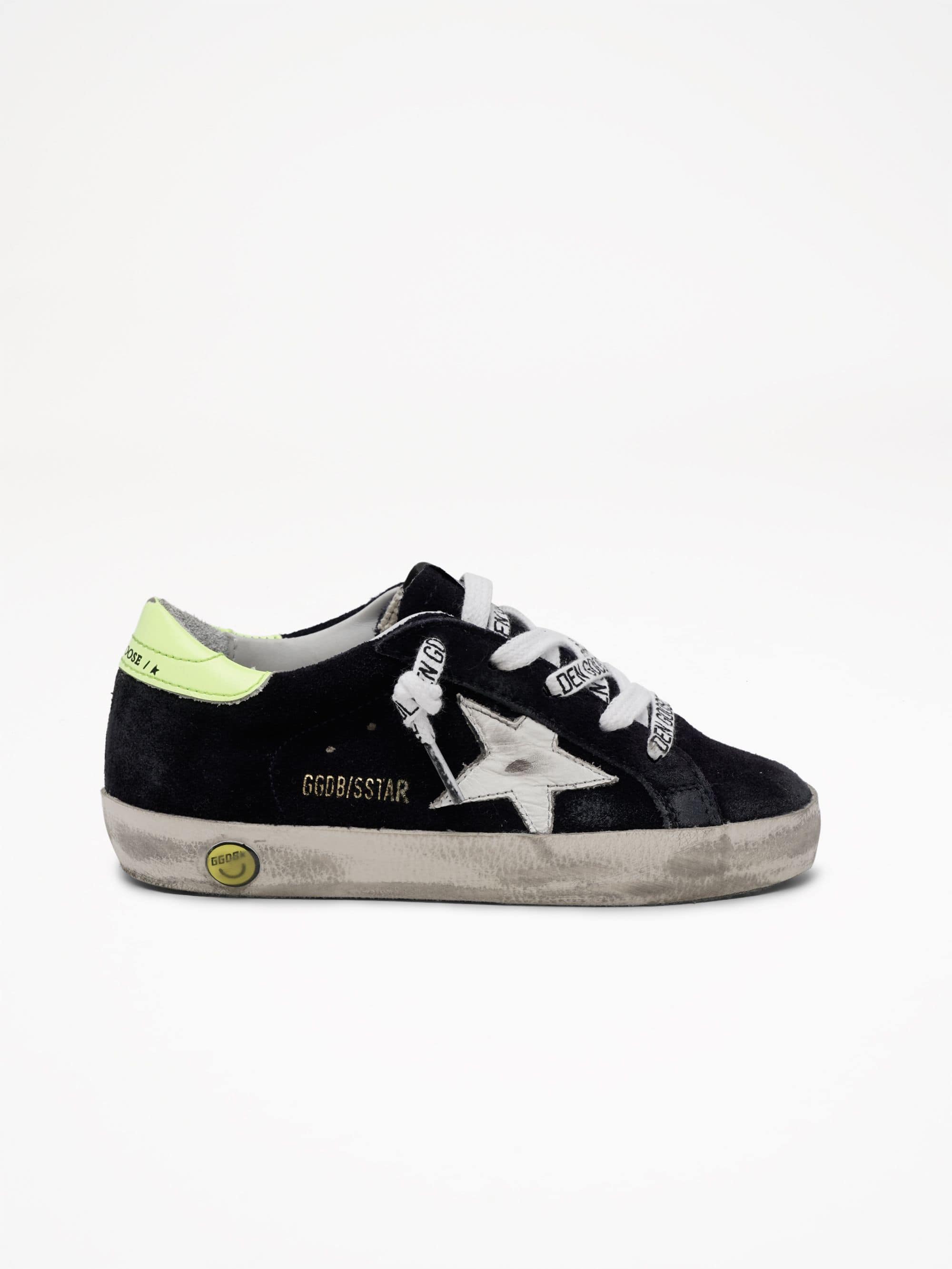 Kids | Dark Blue Suede Super-Star Sneakers with Yellow Heel Tab | Night Blue x White x Yellow Fluo (V1)