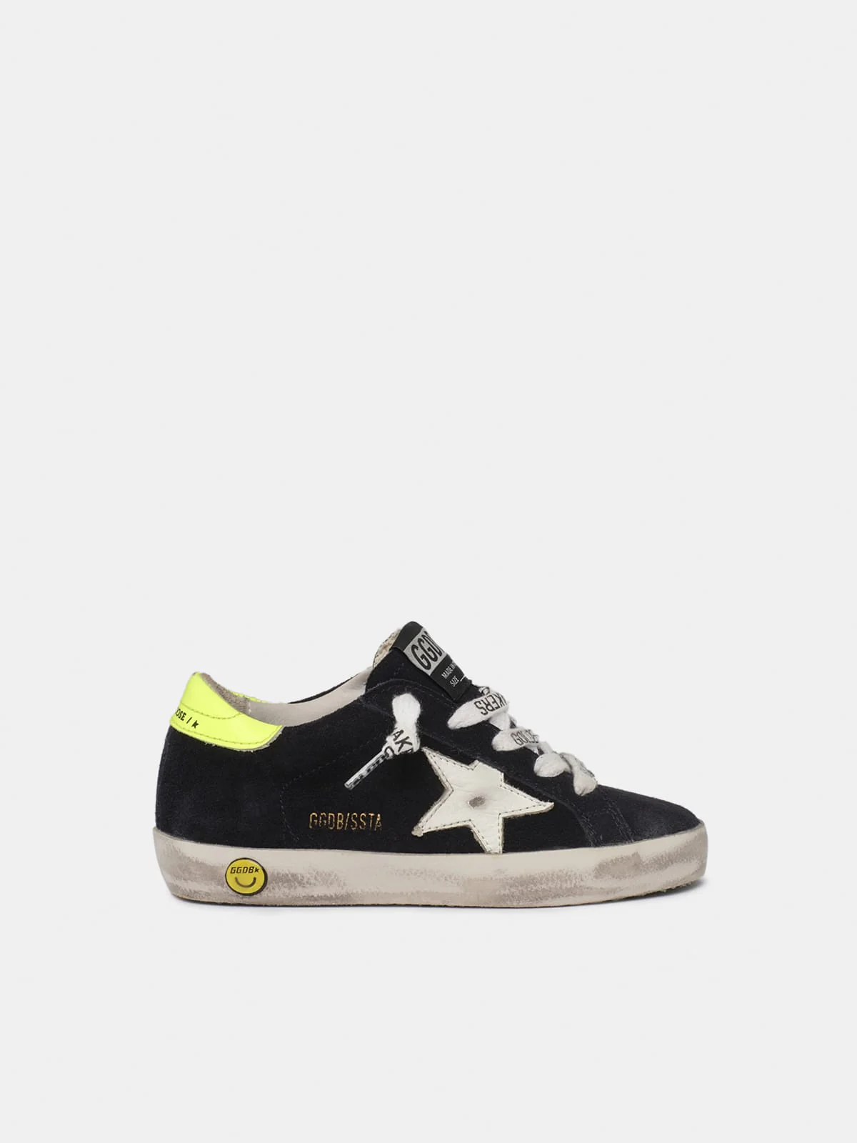 Kids | Dark Blue Suede Super-Star Sneakers with Yellow Heel Tab | Night Blue x White x Yellow Fluo (V2)