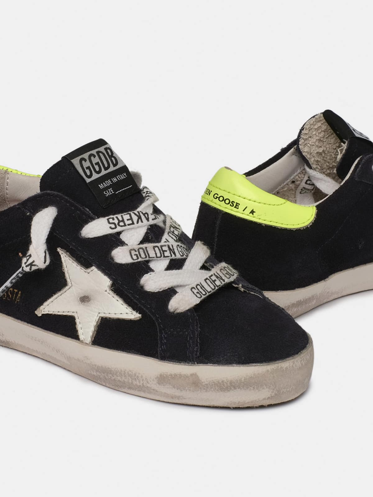 Kids | Dark Blue Suede Super-Star Sneakers with Yellow Heel Tab | Night Blue x White x Yellow Fluo (V2) - Image 2