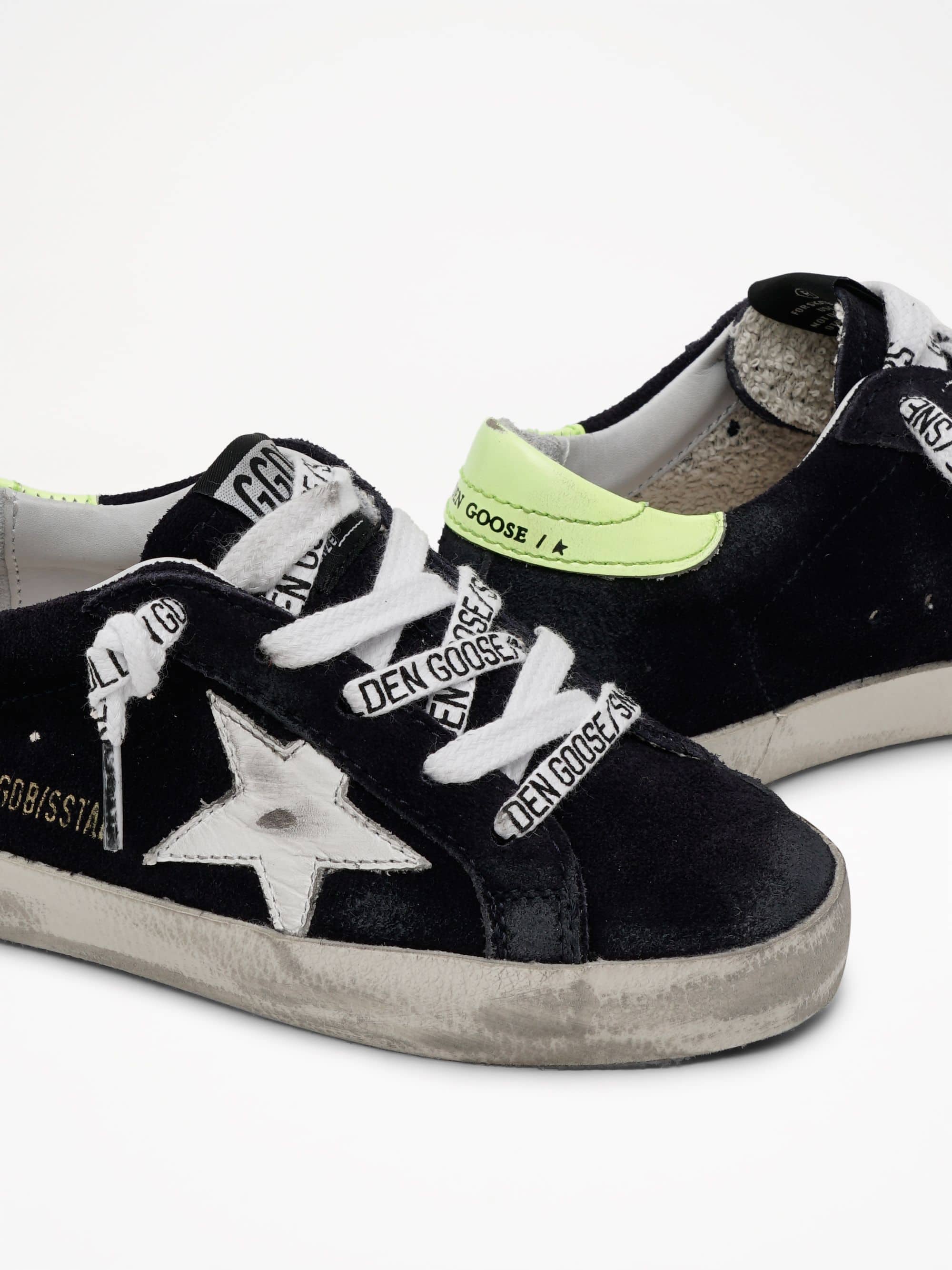 Kids | Dark Blue Suede Super-Star Sneakers with Yellow Heel Tab | Night Blue x White x Yellow Fluo (V2) - Image 5
