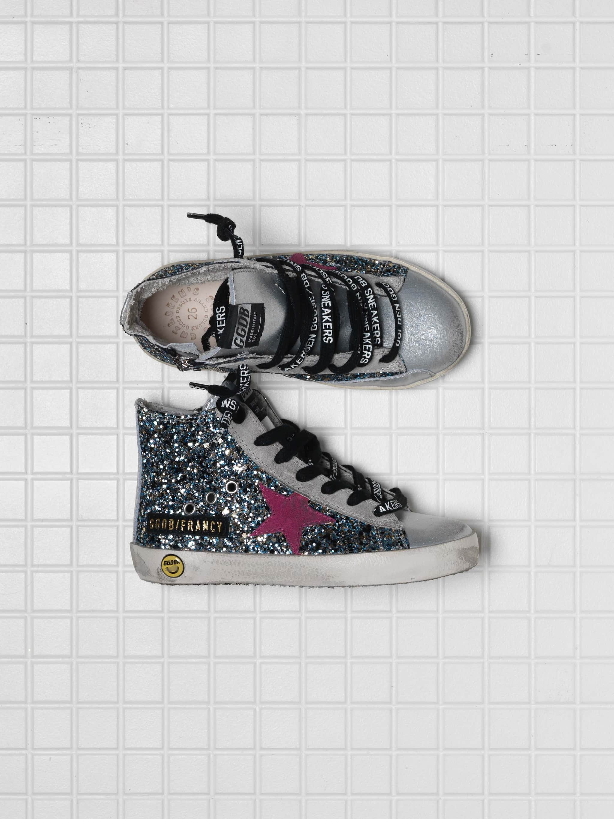 Kids | Francy Sneakers Silver Leather with Glitter Star (V2) - Image 3