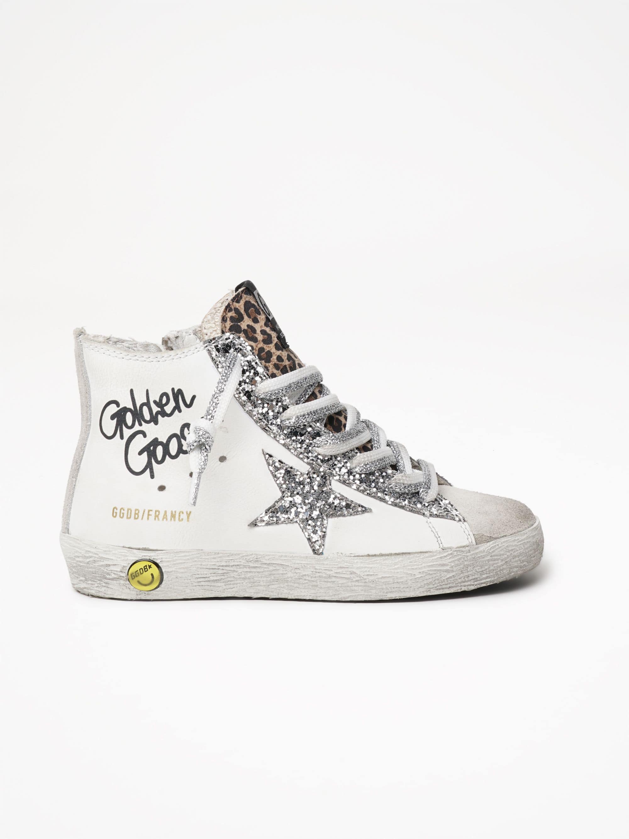 Kids | Francy Sneakers with Leopard-Print Insert & Two-Tone White & Silver Laces | White x Ice x Silver x Beige Brown Leo (V1) - Image 2