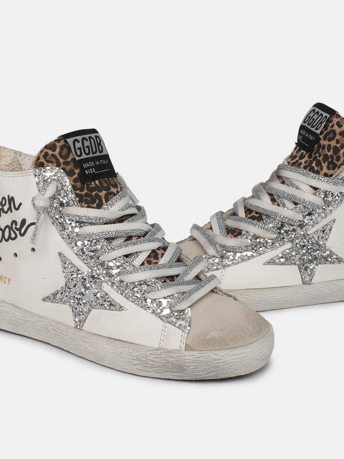 Kids | Francy Sneakers with Leopard-Print Insert & Two-Tone White & Silver Laces | White x Ice x Silver x Beige Brown Leo (V1) - Image 3