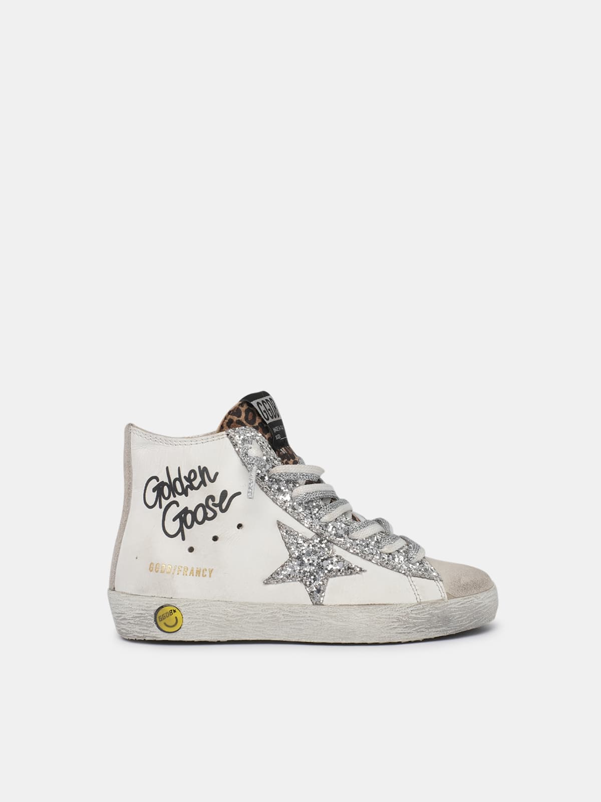 Kids | Francy Sneakers with Leopard-Print Insert & Two-Tone White & Silver Laces | White x Ice x Silver x Beige Brown Leo (V2) - Image 6
