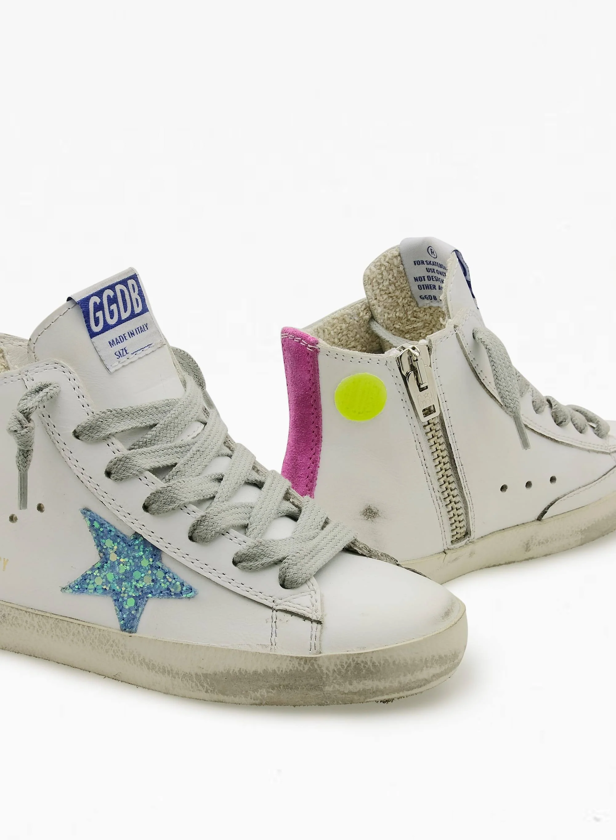 Kids | Francy with White Leather, Light Blue Star with Pallettes & Fucsia Fluo Detail | White x Light Blue x Fuchsia Fluo