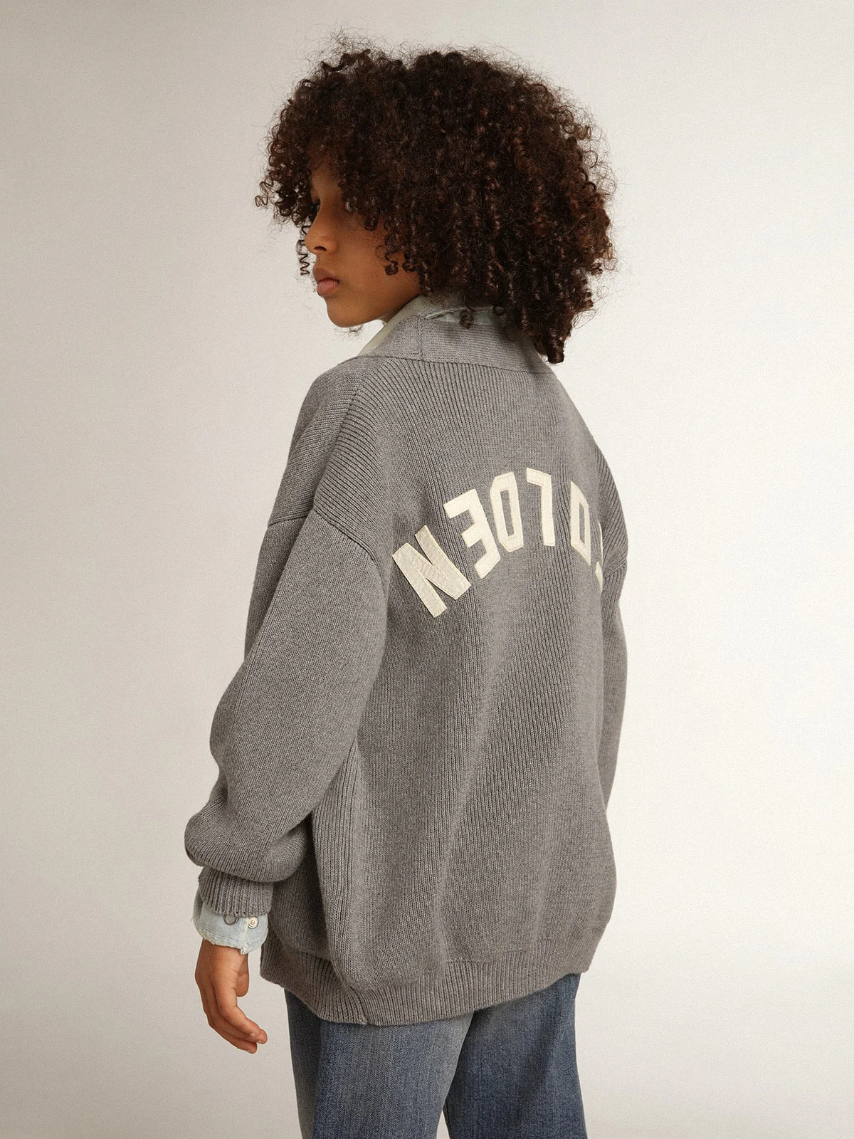 Kids | Gray Cotton Cardigan with Logo On The Back | Grigio - Image 2