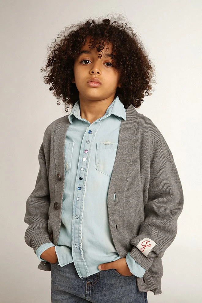 Kids | Gray Cotton Cardigan with Logo On The Back | Grigio - Image 3