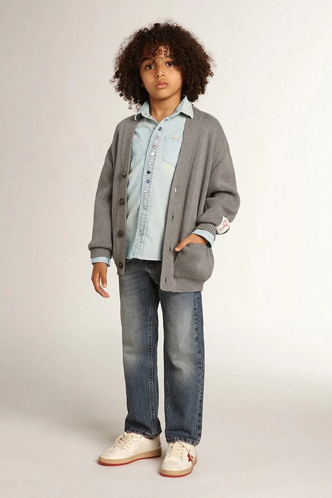 Kids | Gray Cotton Cardigan with Logo On The Back | Grigio - Image 5
