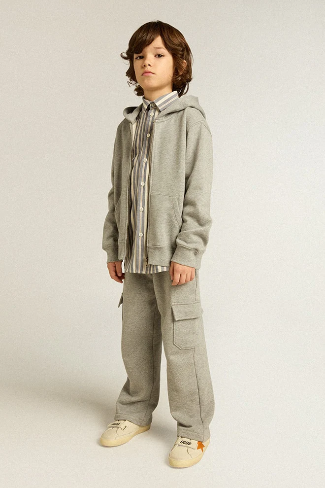 Kids | Gray Melange Cotton Cargo Joggers with Embroidery | Grey Melange x Red - Image 16