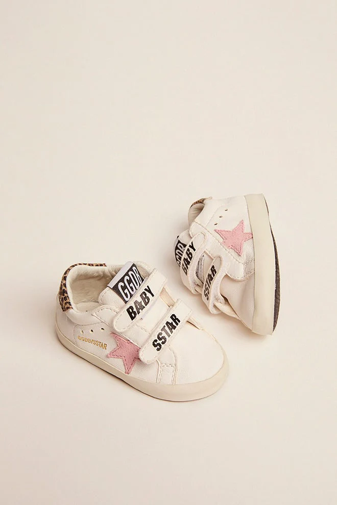 Kids | June Nappa Leather with Pink Star & Leopard Heel Tab | White x Baby Pink x Beige Brown Leo - Image 7