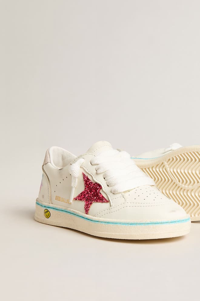 Kids | Junior Ball Star Leather with Fucsia Glitter Star | Optic White x Light Grey x Fucsia