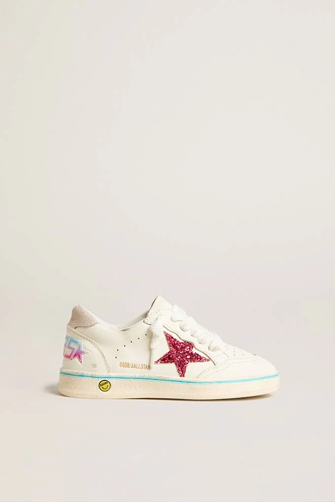 Kids | Junior Ball Star Leather with Fucsia Glitter Star | Optic White x Light Grey x Fucsia - Image 3