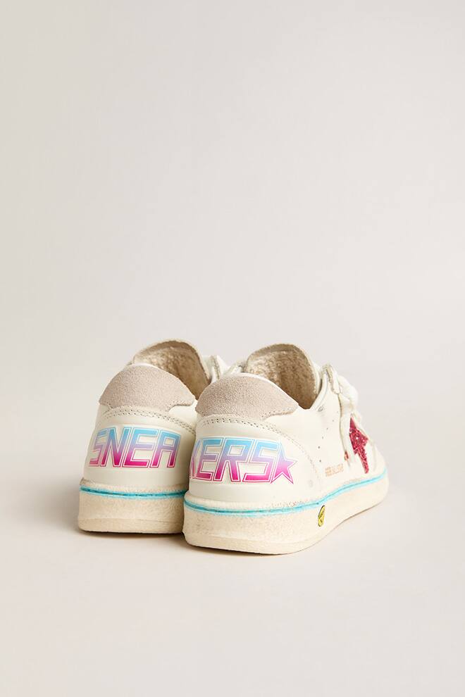 Kids | Junior Ball Star Leather with Fucsia Glitter Star | Optic White x Light Grey x Fucsia - Image 4