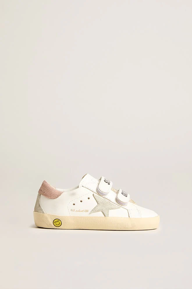 Kids | Junior Old School Leather with Gray Suede Star & Old Rose Heel Tab | White x Ice x Antique Pink - Image 5