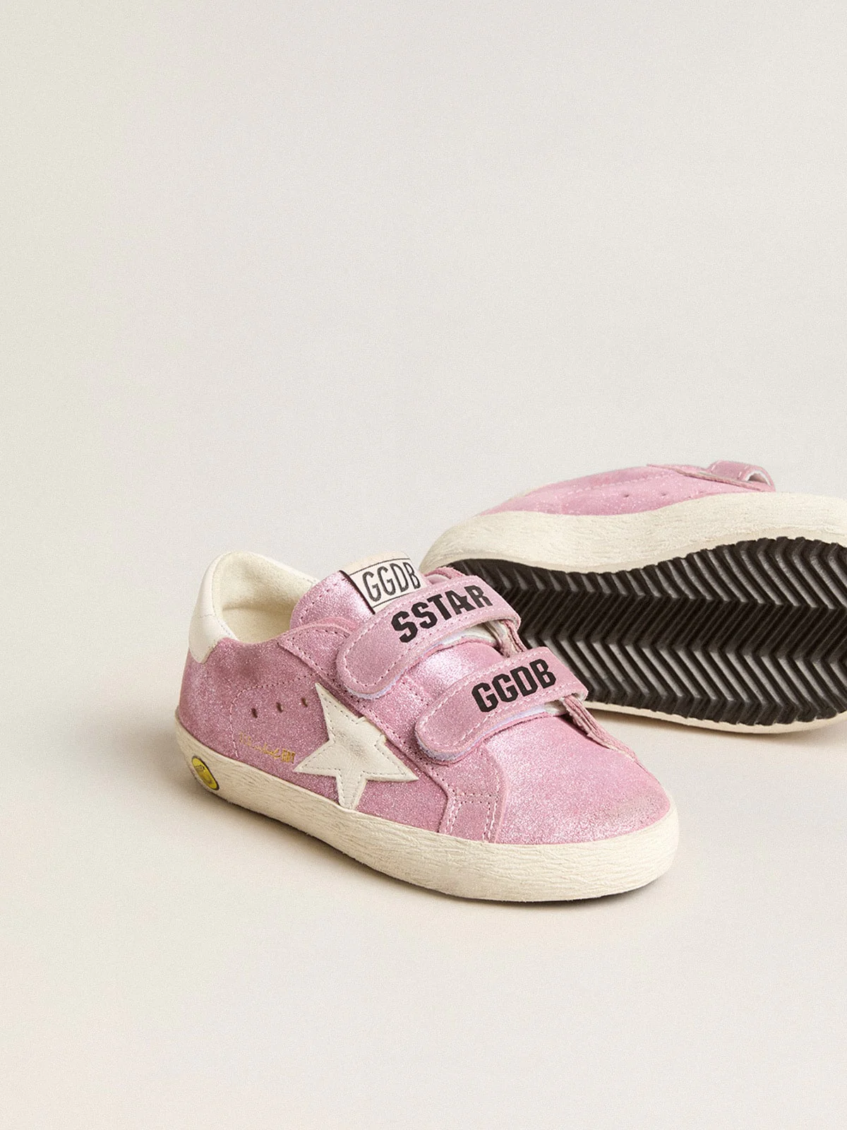 Kids | Junior Old School Metallic Pink Suede with White Leather Star & Heel Tab | Pink x White