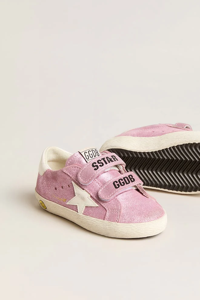 Kids | Junior Old School Metallic Pink Suede with White Leather Star & Heel Tab | Pink x White - Image 2