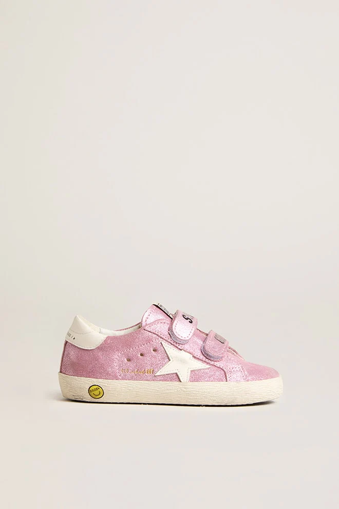Kids | Junior Old School Metallic Pink Suede with White Leather Star & Heel Tab | Pink x White - Image 3
