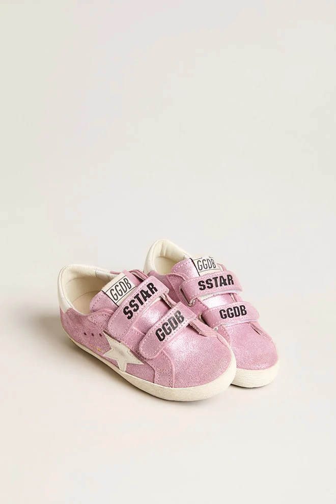 Kids | Junior Old School Metallic Pink Suede with White Leather Star & Heel Tab | Pink x White - Image 5