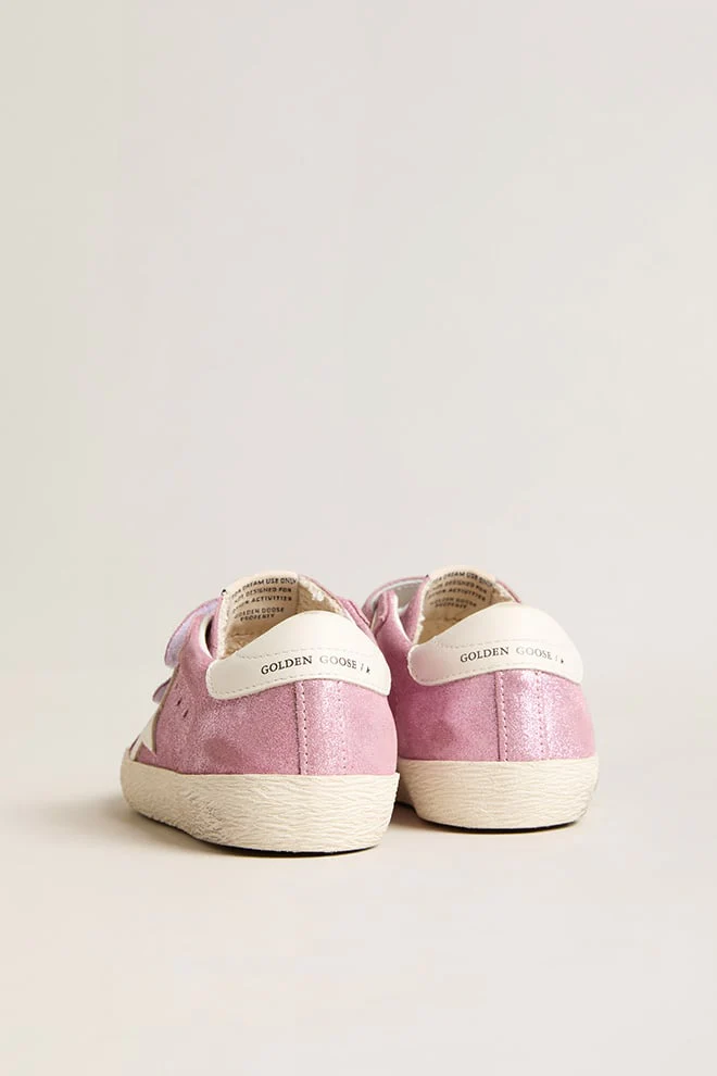 Kids | Junior Old School Metallic Pink Suede with White Leather Star & Heel Tab | Pink x White - Image 8