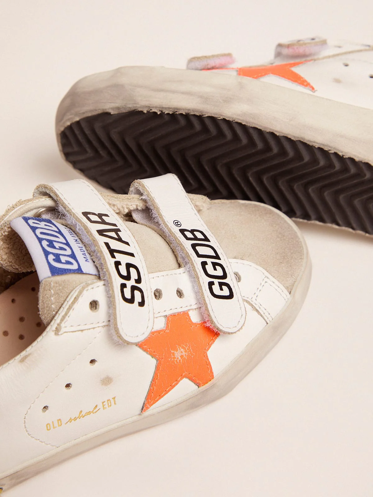Kids | Junior Old School Sneakers with Velcro Fastening & Fluorescent Orange Star | White x Ice x Orange Fluo x Cherry Red
