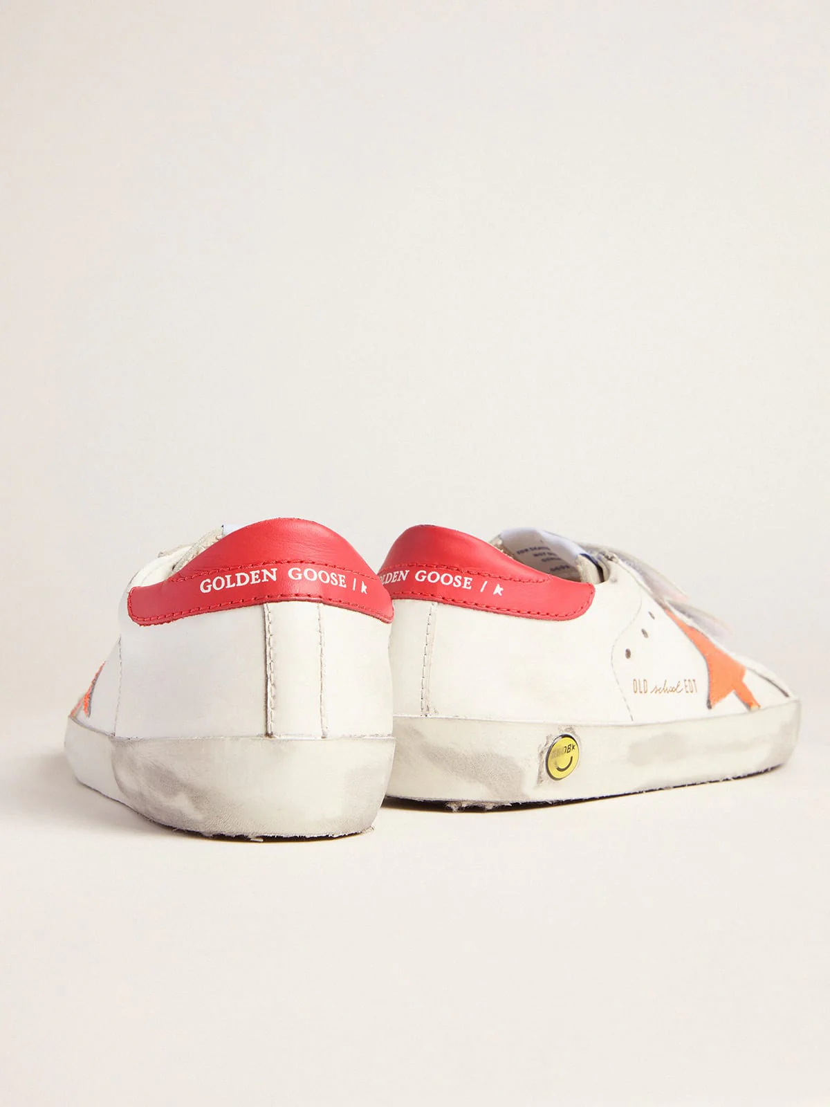 Kids | Junior Old School Sneakers with Velcro Fastening & Fluorescent Orange Star | White x Ice x Orange Fluo x Cherry Red - Image 6