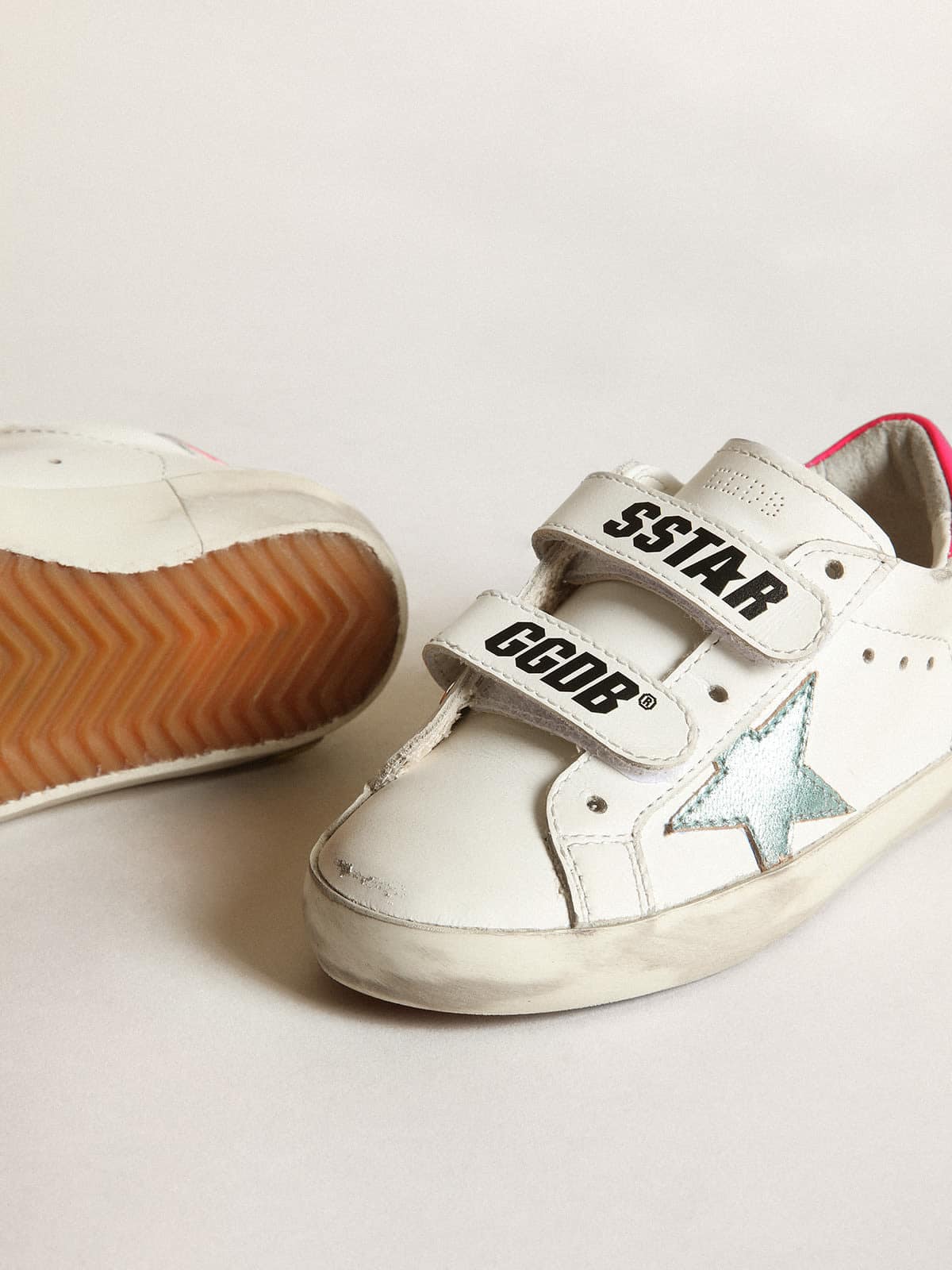 Kids | Junior Old School with Aquamarine Laminated Leather Star | White x Mint x Fluo Fuxia - Image 6