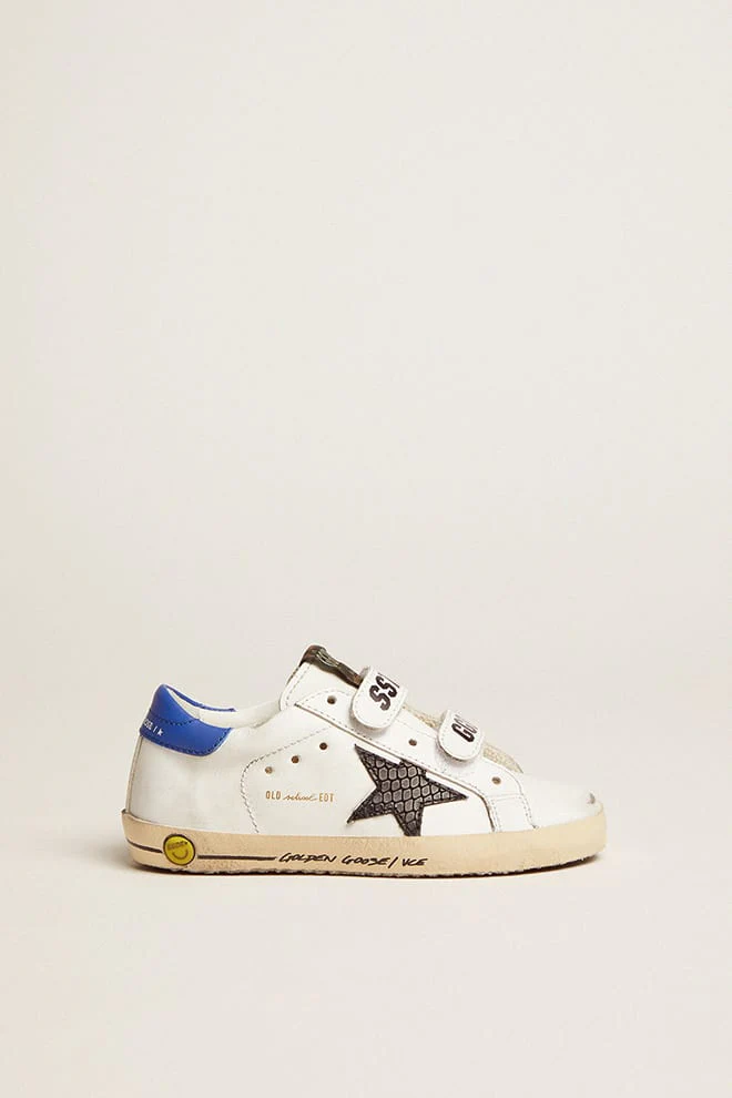 Kids | Junior Old School with Black Snake Print Leather Star | White x Black x Blue - Image 6