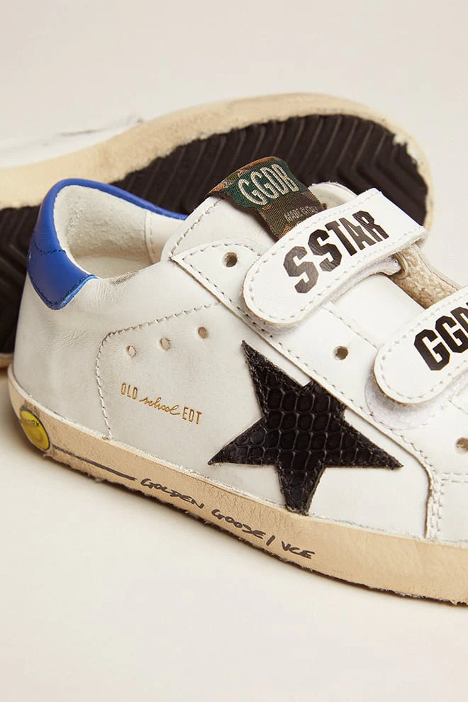 Kids | Junior Old School with Black Snake Print Leather Star | White x Black x Blue - Image 8