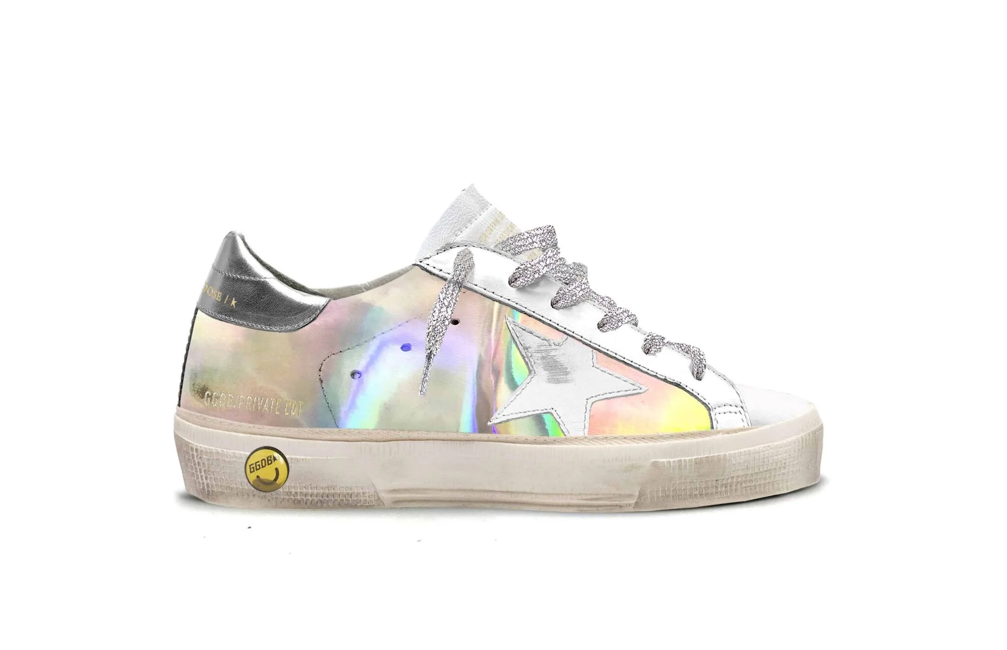 Kids | Junior Super-Star Rainbow with White Leather Star & Grey Leather Heel Tab | Holographic x White x Platinum