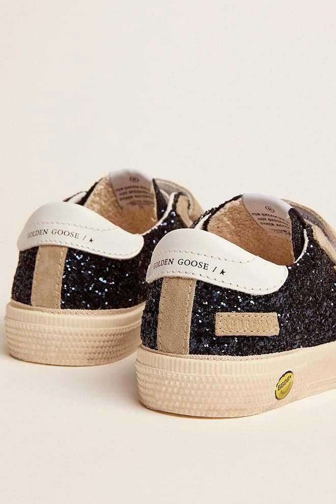 Kids | May Junior Sneakers Dark Blue Glitter with Beige Suede Star & White Leather Heel Tab | Night Blue x Taupe x White - Image 2