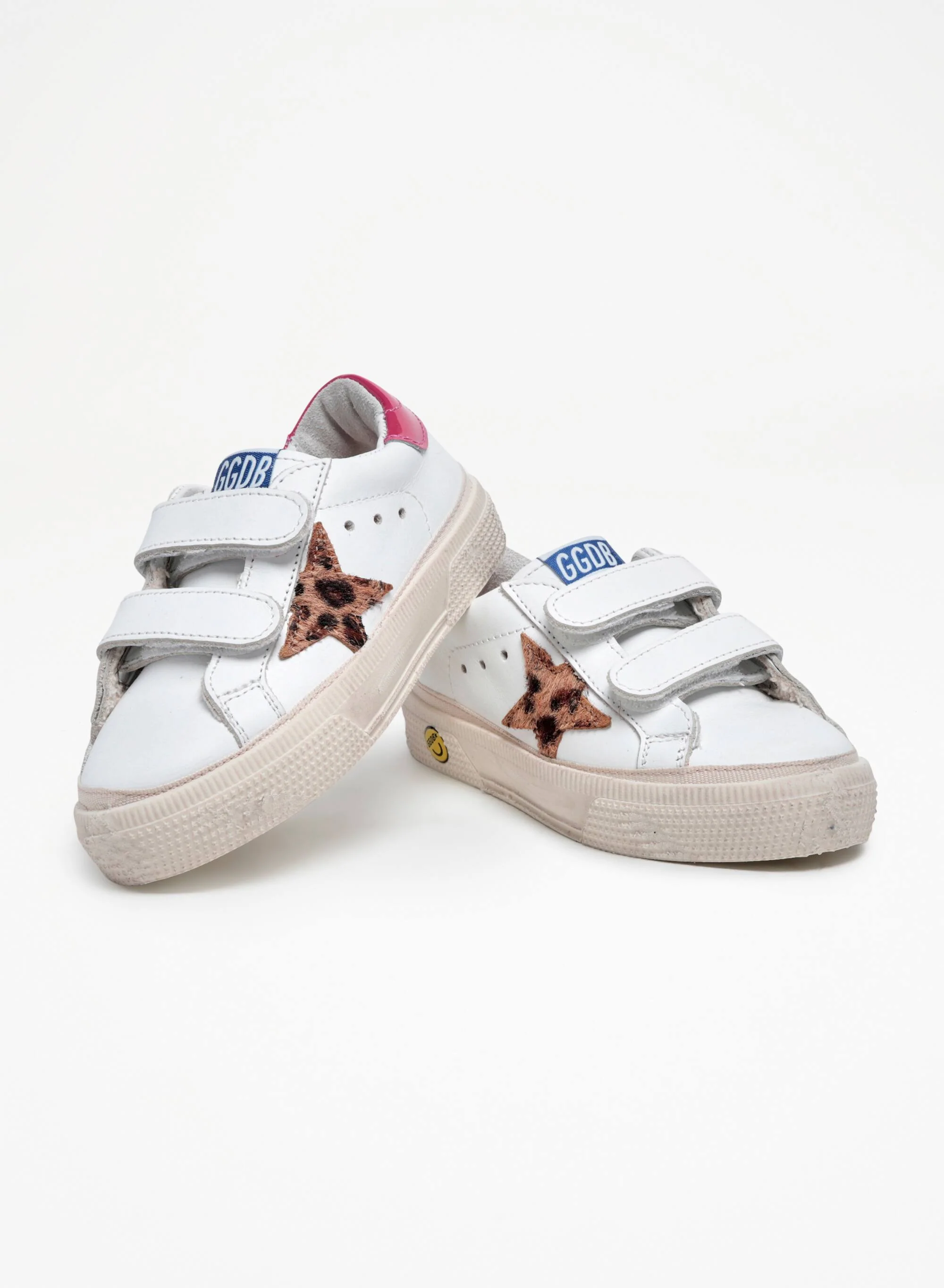 Kids | May Junior Sneakers White Leather with Leopard Pony Skin Star & Fucsia Lucid Heel Tab | White x Beige Brown Leo x Fuxia