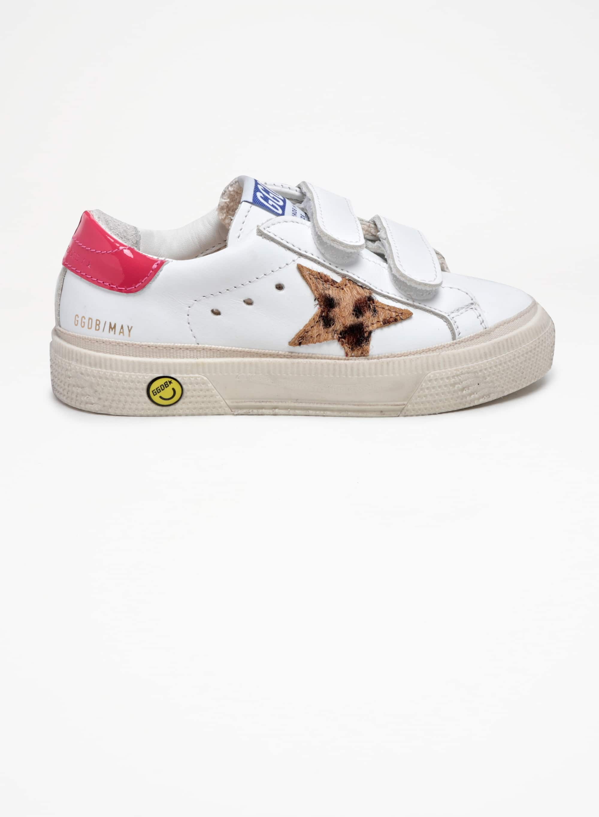 Kids | May Junior Sneakers White Leather with Leopard Pony Skin Star & Fucsia Lucid Heel Tab | White x Beige Brown Leo x Fuxia - Image 3