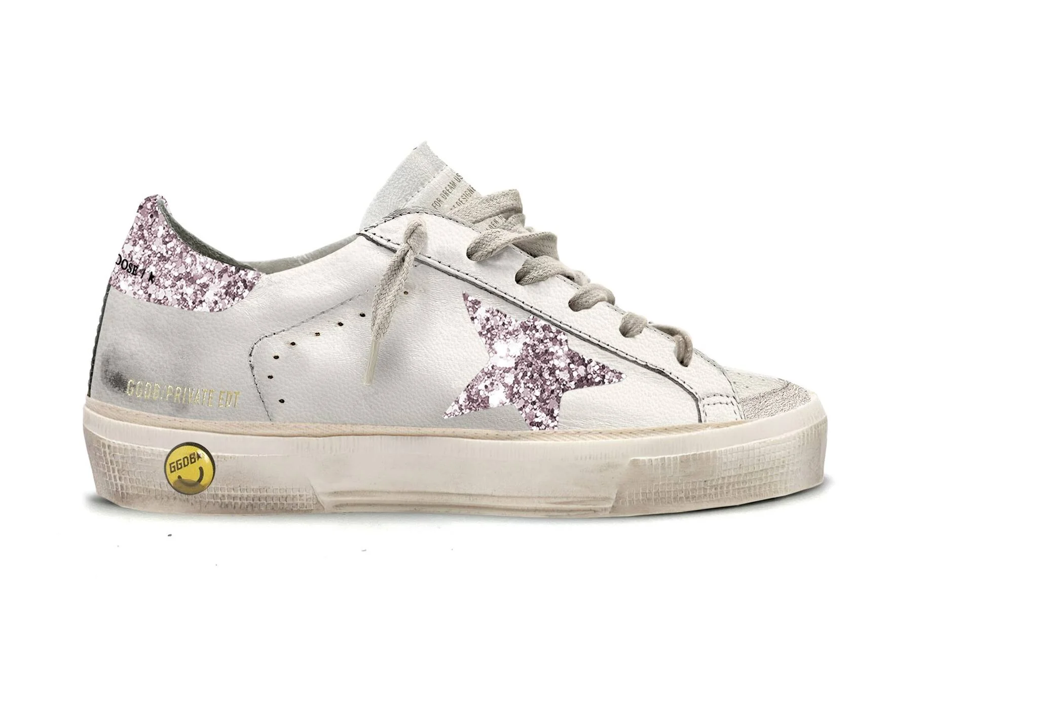 Kids | May Junior White Leather with Star & Pink Glitter Heel Tab | White x Lilac